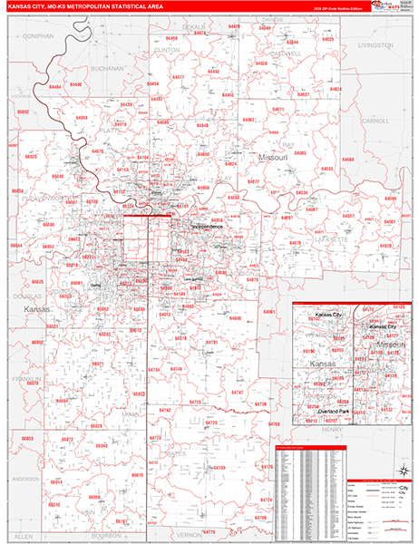 Kansas City Metro Area Wall Map Red Line Style